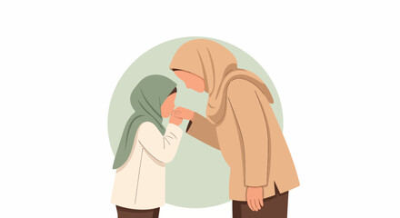 Obraz premium Flat illustration of a child respectfully kissing an older woman's hand, a tender gesture symbolizing deep affection, cultural tradition, and intergenerational respect