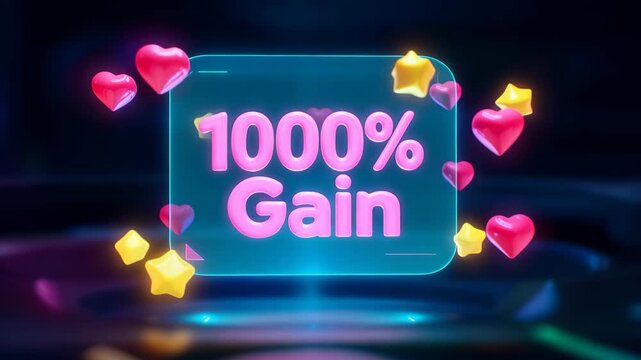Close-up of a holographic interface showing "1000% Gain" in a cute bubbly font, surrounded by floating 3D hearts and stars.