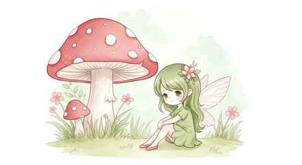 Whimsical illustration of a green-haired fairy sitting beside a large red mushroom with white spots in a lush, floral meadow with soft, pastel colors.