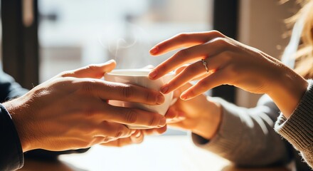 Close-up of two people exchanging a stack of white cards with natural light in background.