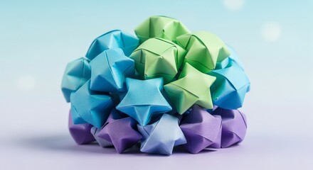 Colorful 3D rendering of a pile of blue, green, and purple stars on a light purple surface with a gradient blue background.