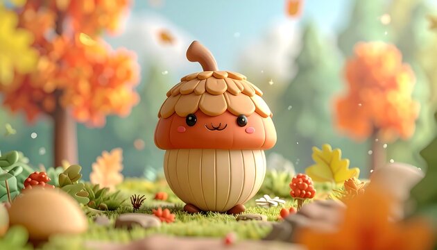 A cute, cartoon acorn character smiles in a sunny forest setting, with autumn leaves and trees