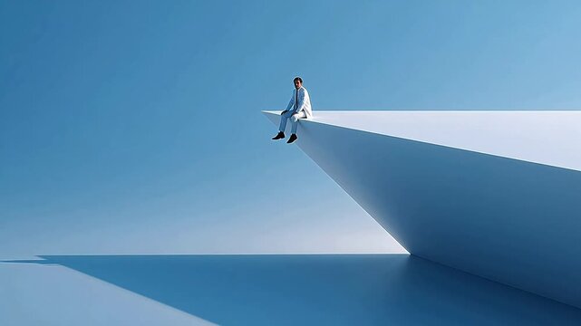 Man in white suit sitting on edge of geometric structure