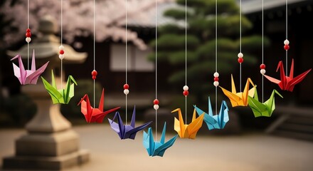Colorful origami cranes hang from strings with red beads in a serene outdoor setting with blurred Japanese garden background.