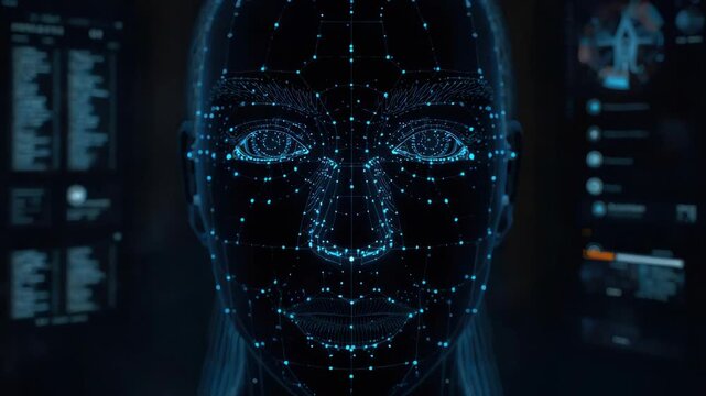 Digital facial recognition biometric face scan with blue light grid mapping data visualization