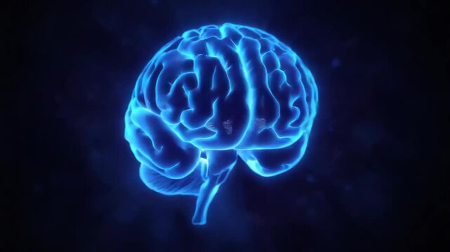 Glowing blue human brain neural cortex and cerebellum anatomy visualization for neuroscience