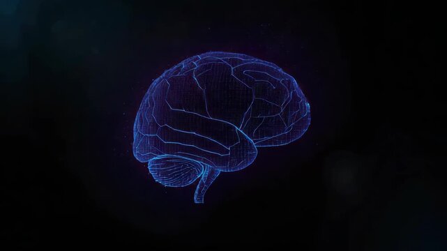 Neon blue hologram brain neural cortex glowing with neuroscience technology wireframe futuristic