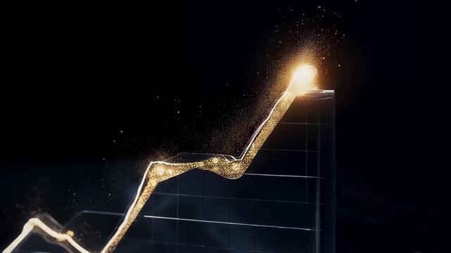 Slow motion of golden dust particles settling on a 3D chart, illuminating the path to a new price peak, dark moody lighting.