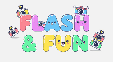 Fototapeta premium Colorful Cameras and Cartoon Text Illustration.
