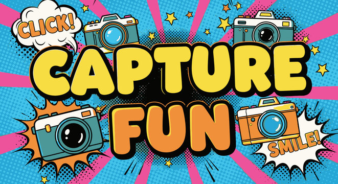 Colorful Cameras and Comic Text Elements.
