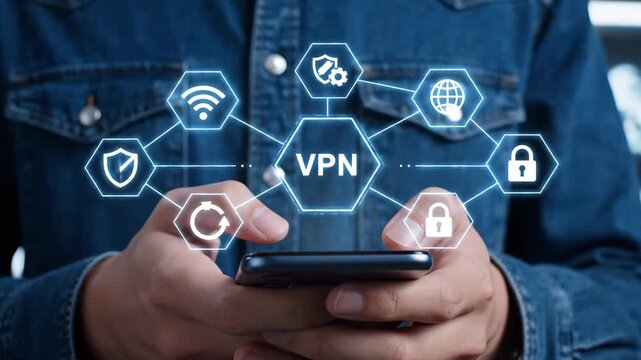 Close up of hands holding a smartphone displaying a VPN interface with network security icons. Digital technology for online privacy and data protection.