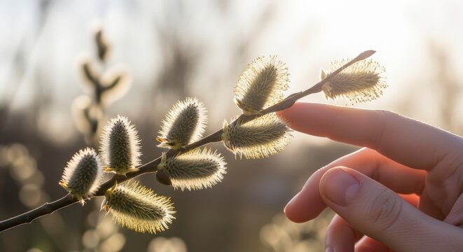Hand touching catkins on branch.