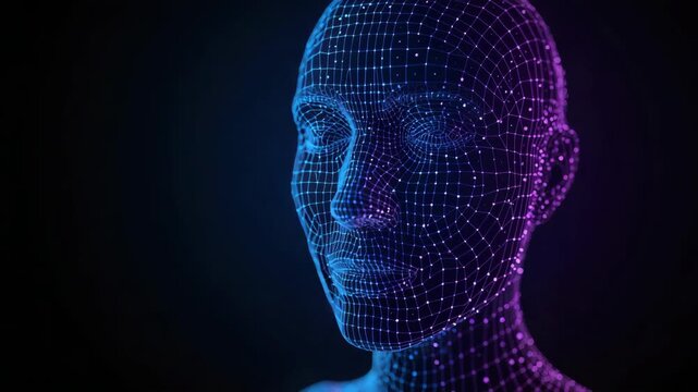 Futuristic neon wireframe human face mesh head with blue purple glowing grid points and portrait