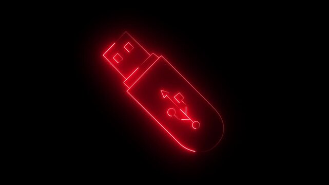 Glowing neon USB port icon set. computer USB socket data cable symbol. connect external device USB sign animation on black background.