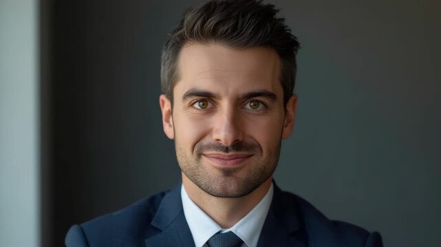 Confident businessman portrait headshot smiling in navy suit and tie with executive warm expression