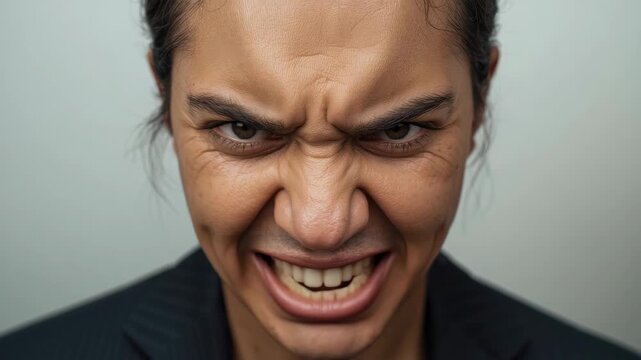 Woman angry frown glare clenched tooth portrait with furrowed brow and bared teeth