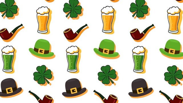 Festive St Patrick Day seamless pattern featuring beer glasses, leprechaun hats, clovers and pipes on a light background. Irish holiday theme symbolizing luck and cheerful celebration