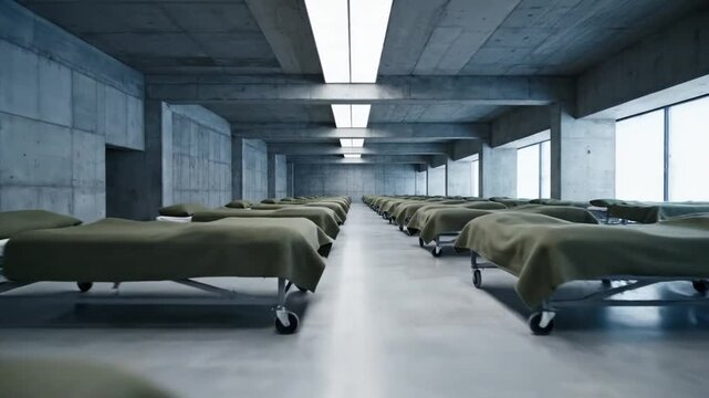 Empty beds in large concrete institutional hall
