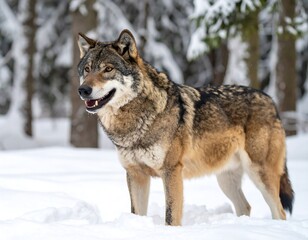 Obraz premium A majestic canid, gray and brown, stands in deep snow, its gaze alert within a snowy forest