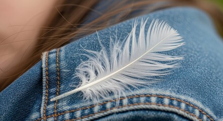 White feather on blue jeans pocket.