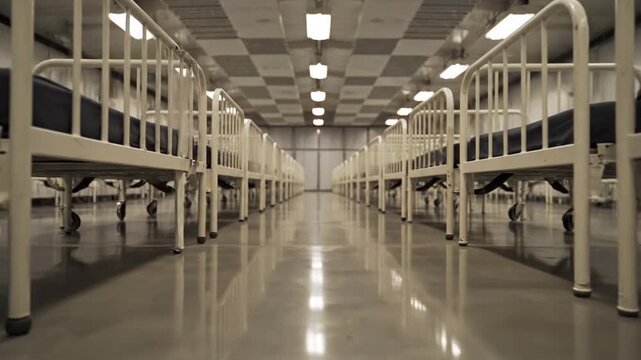 Empty beds lined up in a long institutional dormitory room