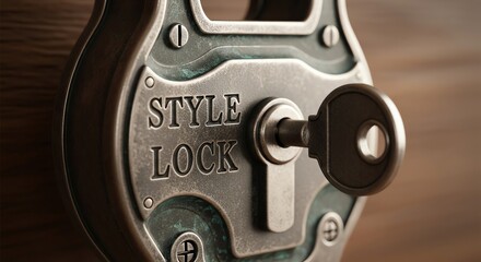 Close-up of a vintage metal lock with a keyhole and the words 'STYLE LOCK' engraved on it, set against a wooden background with a shallow depth of field.