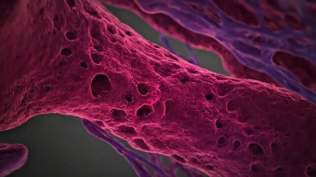 Microscopic view of bone density loss showing porous damaged tissue