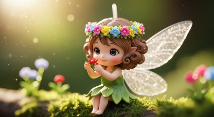 A small, cute fairy figurine with a flower crown and transparent wings sits on grass, smelling a red flower in a sunny outdoor setting with colorful blooms.