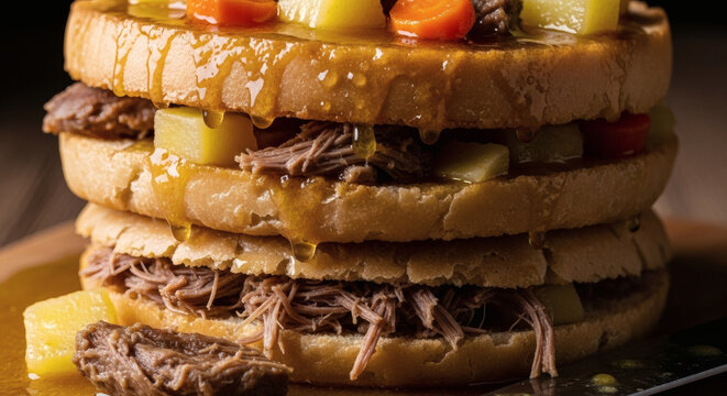 Thareed Regag Bread Soaked in Authentic Lamb Stew on Wooden Board