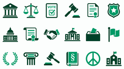 Green law and government icons set featuring scales of justice gavel voting ballot and court buildings on white background, concept for legal services, political campaign and judicial system