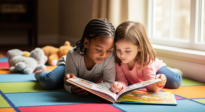 Two girls reading a book together diverse friendship learning and childhood development kids school 