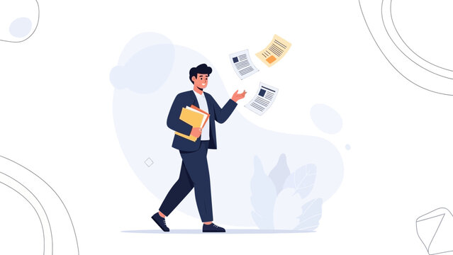 Businessman juggling papers and folder, multitasking and time management concept