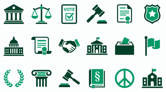 Green law and government icons set featuring scales of justice gavel voting ballot and court buildings on white background, concept for legal services, political campaign and judicial system