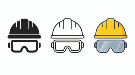 Fototapeta premium Construction hard hat and safety goggles icons in black, outline and color styles on white background, concept for industrial safety equipment, site engineering and worker protection