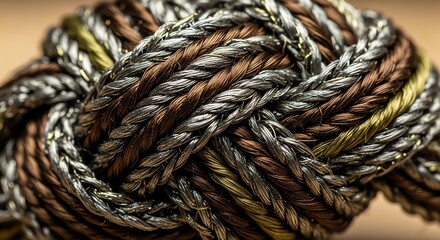 Close-up of a tightly coiled rope with multiple strands of brown, silver, and gold against a blurred beige background.