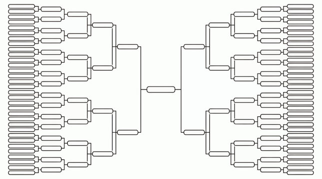 blank sixty four team tournament bracket template with single elimination lines on clean white background, concept for sports competitions, corporate team building and gaming playoffs