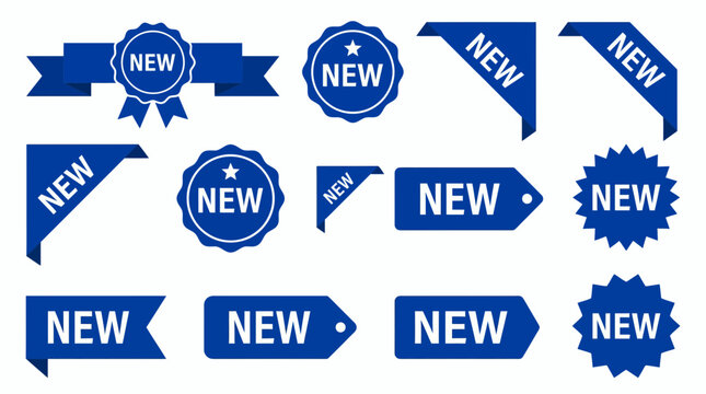 Collection of blue promotional labels with NEW text including ribbons circle badges corner banners and price tags, concept for e-commerce promotions product launch and retail discount signage