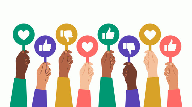 Diverse hands of marketing specialists holding colorful feedback signs with heart, like and dislike icons, concept for customer satisfaction, social media engagement and brand reputation