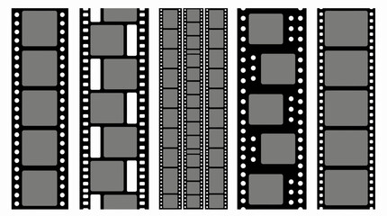 Collection of vintage film strip frames and movie negative borders with various perforation styles on white background, concept for cinema advertising, photographic portfolio and multimedia production