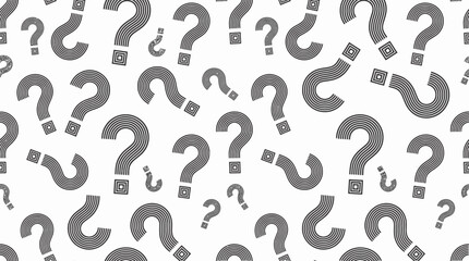Seamless pattern of black and white question mark icons with striped line graphic design on white background, concept for educational quiz, problem solving and business investigation