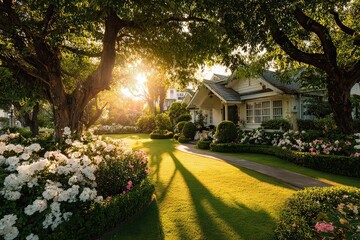 Picturesque White House Bathed In Golden Sunset Light Amidst Lush Greenery And Verdant Trees in Serene Ambiance