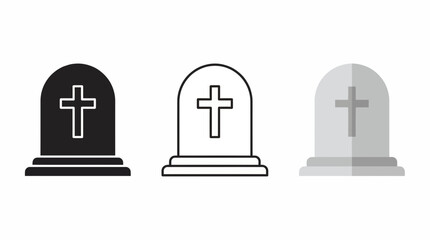 Obraz premium Set of three gravestone icons with Christian cross symbol in black silhouette, outline and flat design on white background, concept for funeral services, cemetery memorial and burial events
