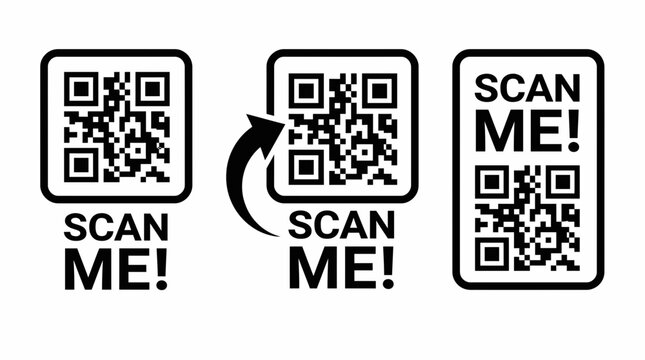 Set of three black minimalist QR code icons with Scan Me text and arrow pointer on white background, concept for digital payment marketing, mobile menu and contactless business card
