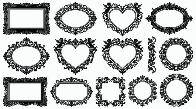 Set of vintage baroque frames with ornate floral borders and heart shapes with cherubs isolated on white background, concept for wedding invitations, antique photo displays and graphic design