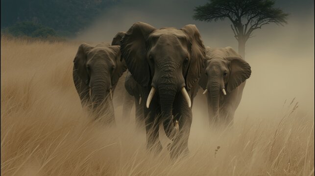Sweeping savanna pan of a majestic elephant herd marching in unified formation with tusked matriarch trunk raised and dust trail billowing behind under harsh noon backlighting