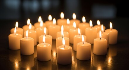 A cluster of lit candles in a dark room with warm, soft lighting and a shallow depth of field.
