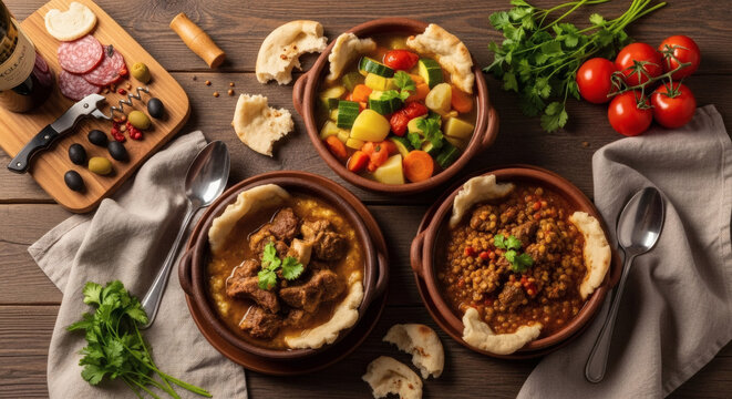 Thareed Lamb and Vegetable Stew in Rustic Clay Bowls Overhead