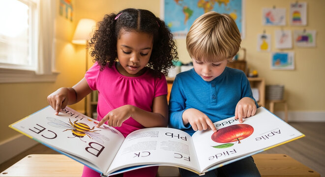 Diverse toddlers learning to read and point at words in a colorful book kids school life learn study