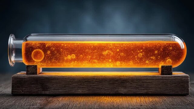 A horizontal glass cylinder holds glowing amber liquid, resting on a wooden base. The background is a gradient