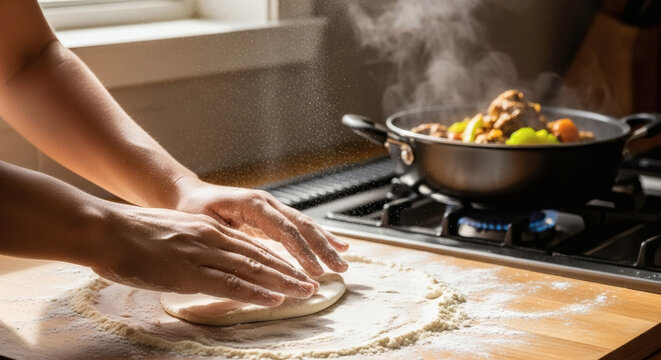 Regag Dough Kneading For Traditional Thareed In Authentic Sunlit Kitchen